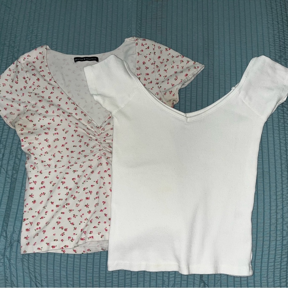 Brandy Melville White and Floral Short Sleeve Tops